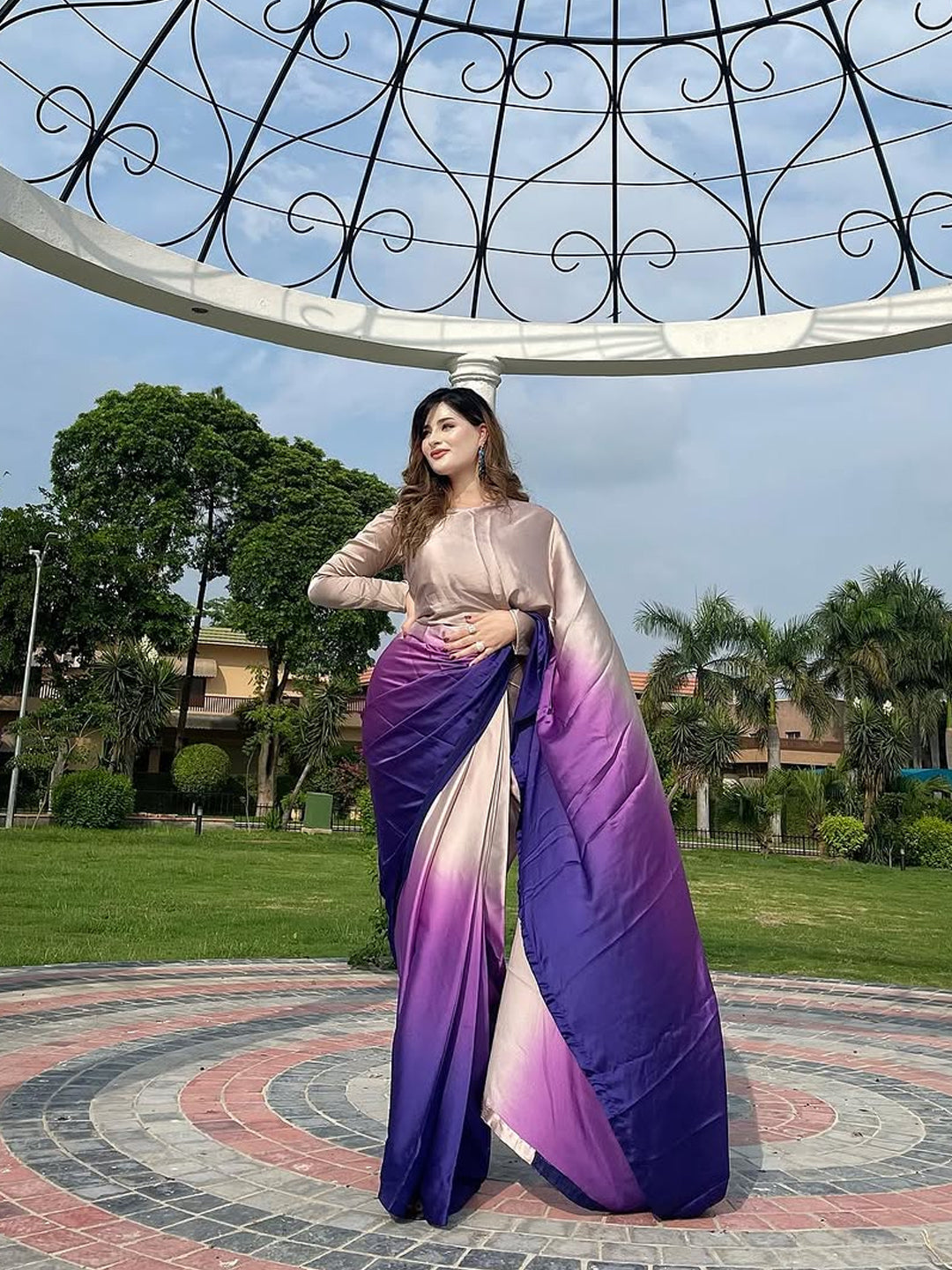 Elegant Beige to Purple Gradient Satin Silk Saree - Ombre Designer Drape