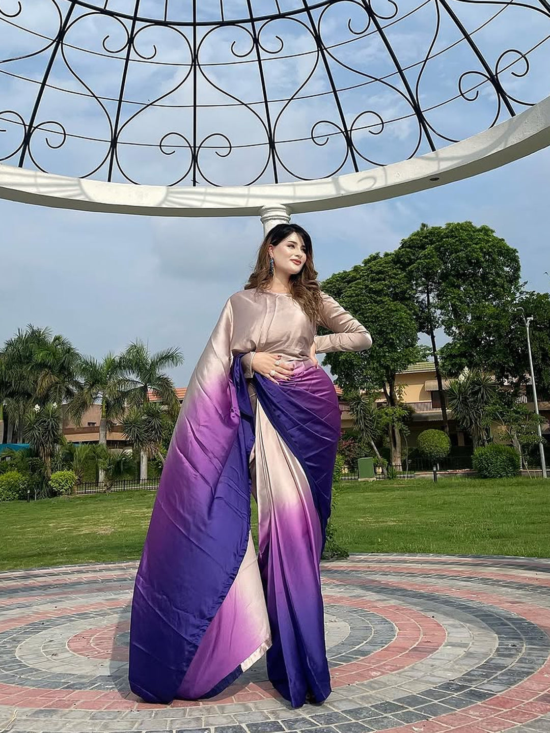 Elegant Beige to Purple Gradient Satin Silk Saree - Ombre Designer Drape
