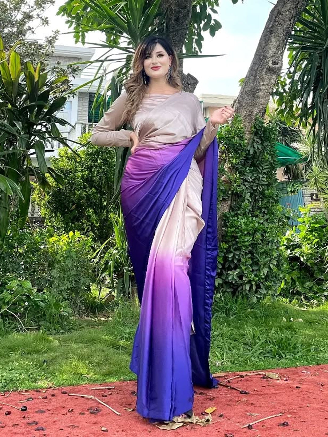 Elegant Beige to Purple Gradient Satin Silk Saree - Ombre Designer Drape