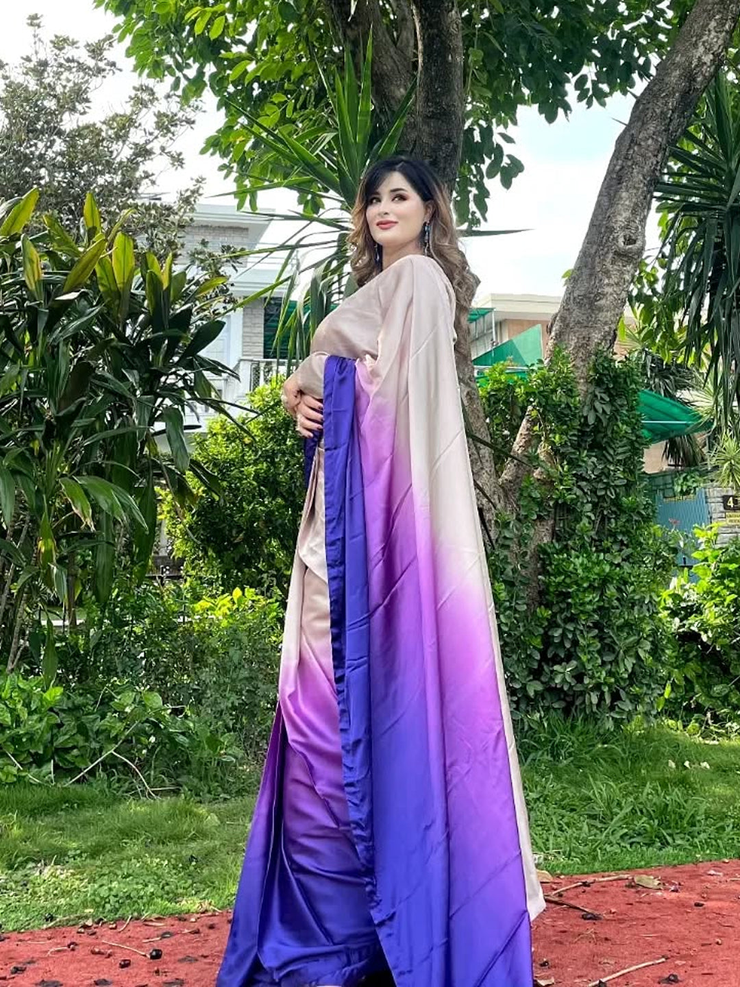 Elegant Beige to Purple Gradient Satin Silk Saree - Ombre Designer Drape