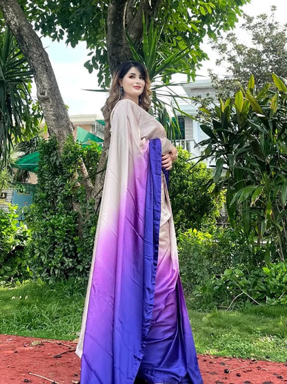 Elegant Beige to Purple Gradient Satin Silk Saree - Ombre Designer Drape