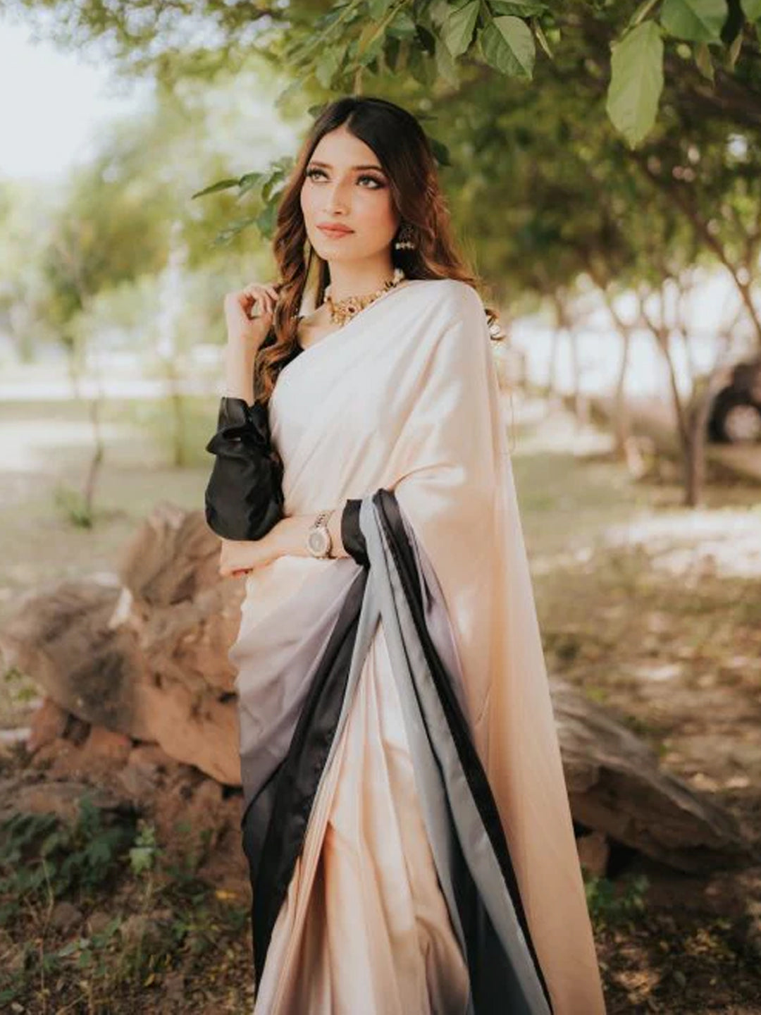 Elegant Peach to Black Gradient Satin Silk Saree - Ombre Designer Drape