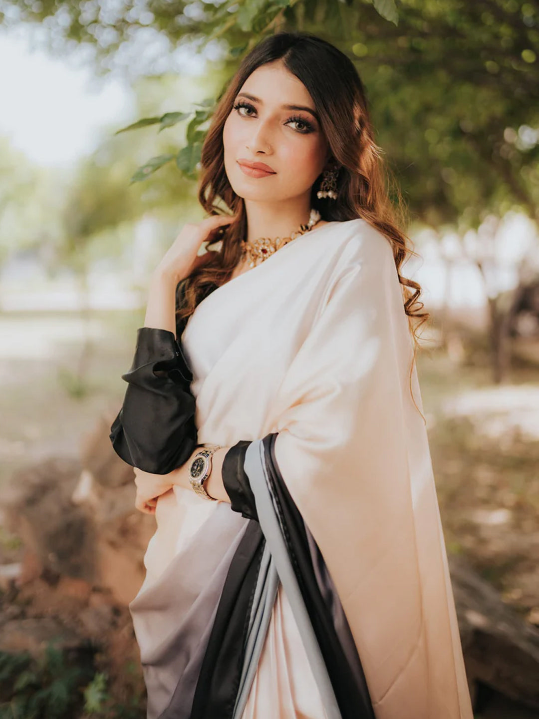 Elegant Peach to Black Gradient Satin Silk Saree - Ombre Designer Drape