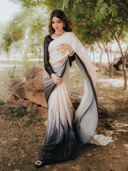 Elegant Peach to Black Gradient Satin Silk Saree - Ombre Designer Drape