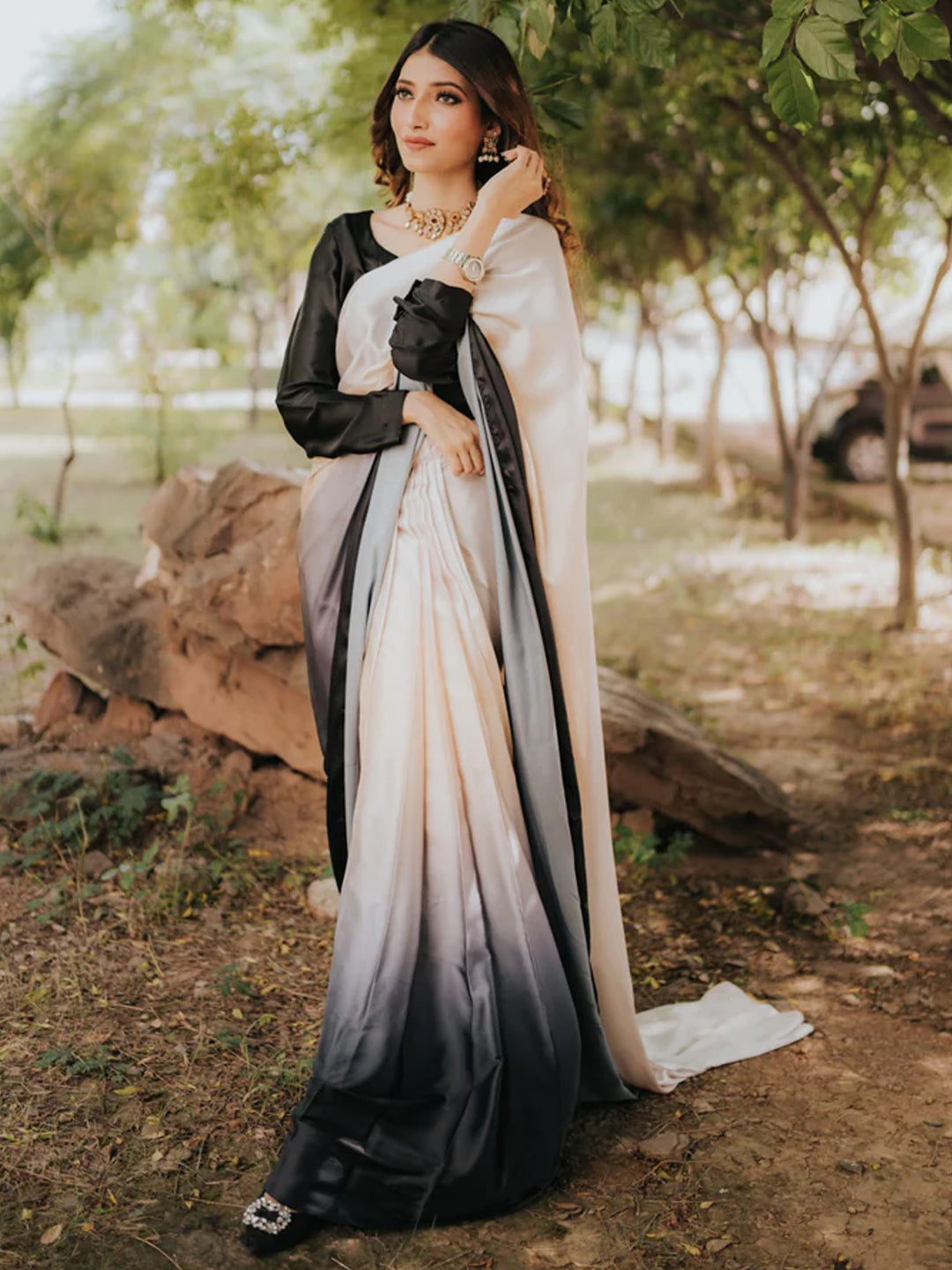 Elegant Peach to Black Gradient Satin Silk Saree - Ombre Designer Drape