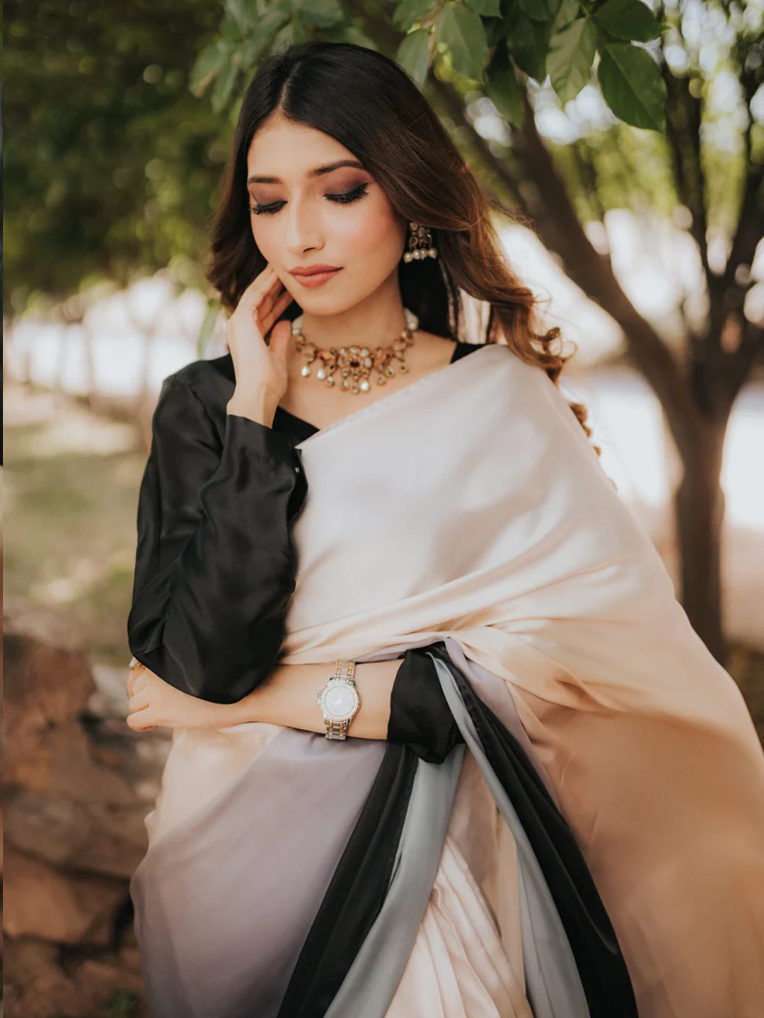 Elegant Peach to Black Gradient Satin Silk Saree - Ombre Designer Drape