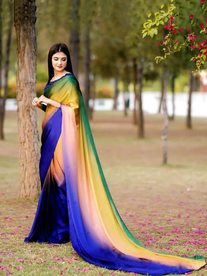 Vibrant Multicolor Rainbow Gradient Satin Silk Saree - Spectrum Designer Drape