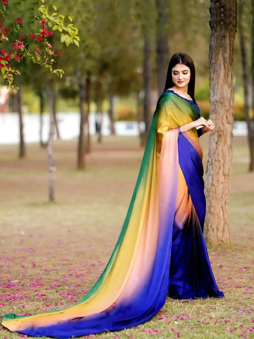 Vibrant Multicolor Rainbow Gradient Satin Silk Saree - Spectrum Designer Drape