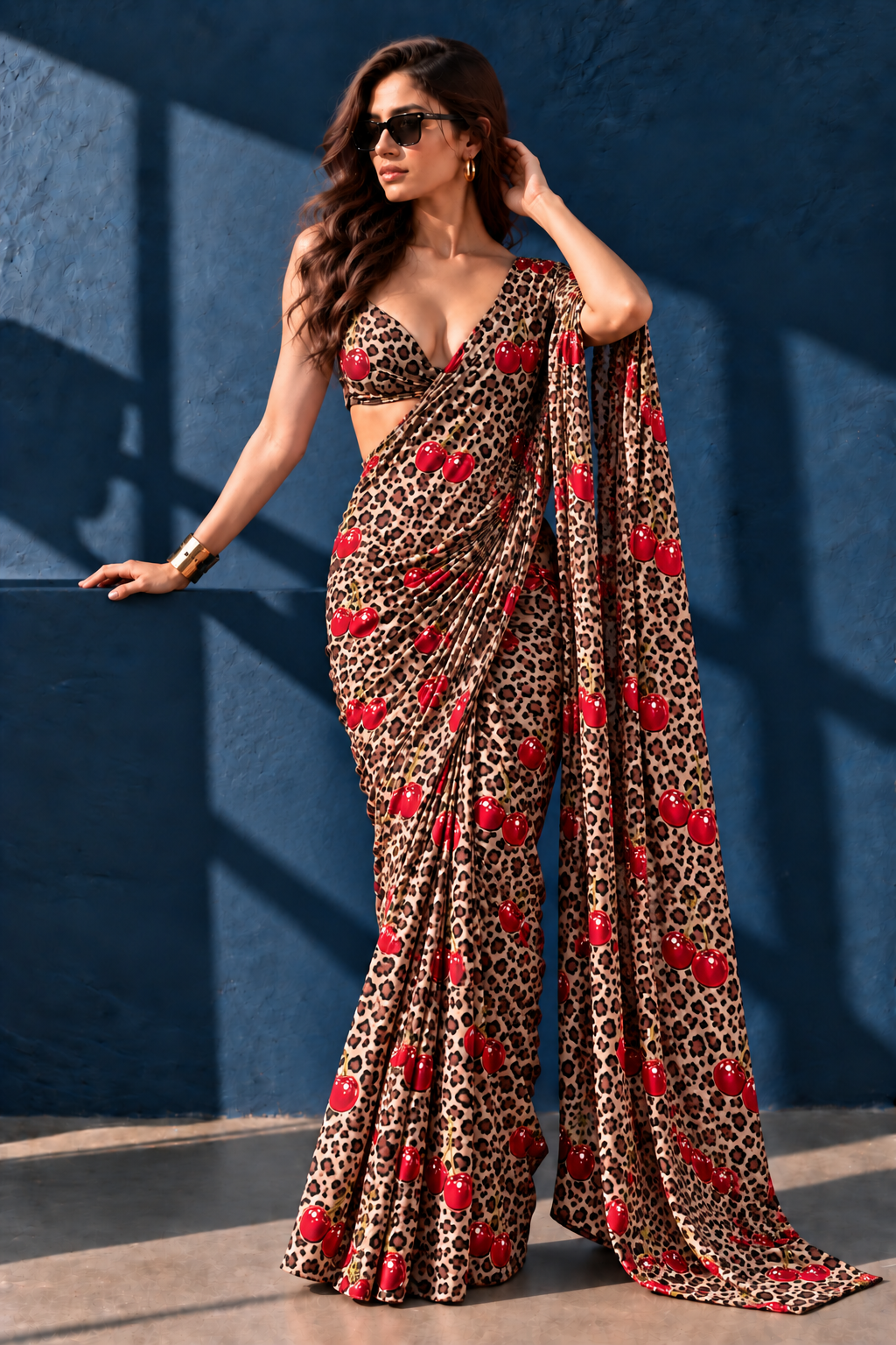 Cherry Pop Leopard Print Silk Blend Saree