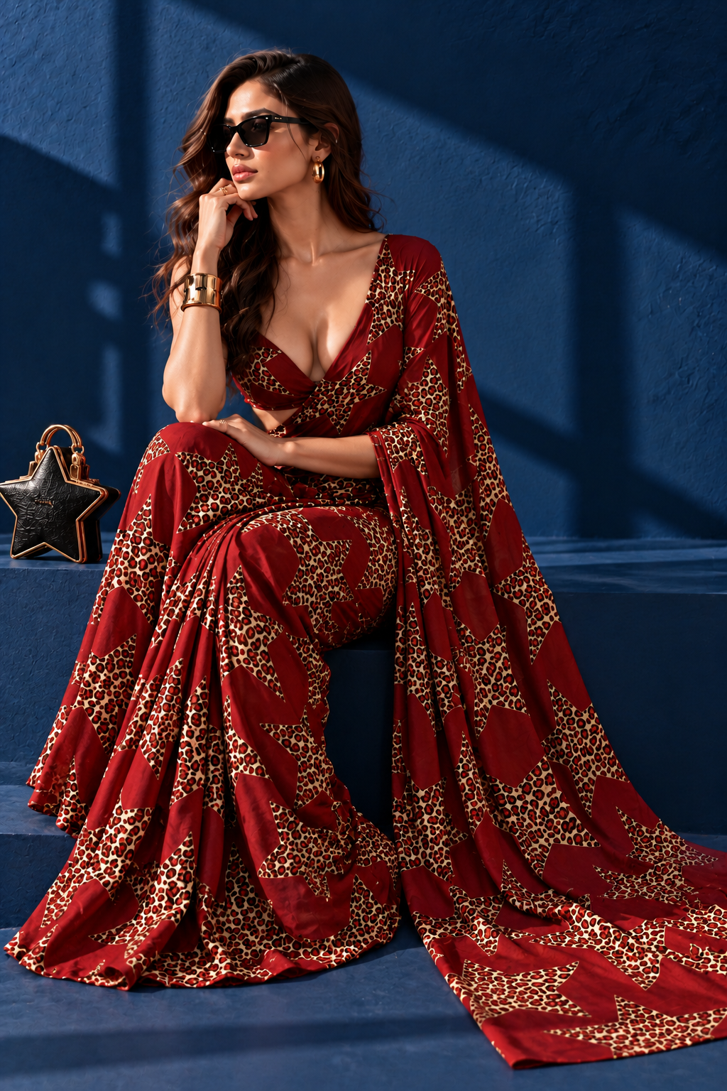 Red Scarlet Star Leopard Print Silk Blend Saree