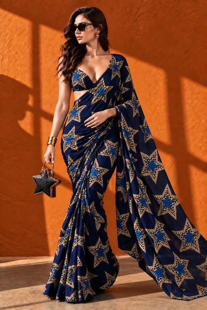 Starstruck Navy Leopard Star Print Silk Blend Saree