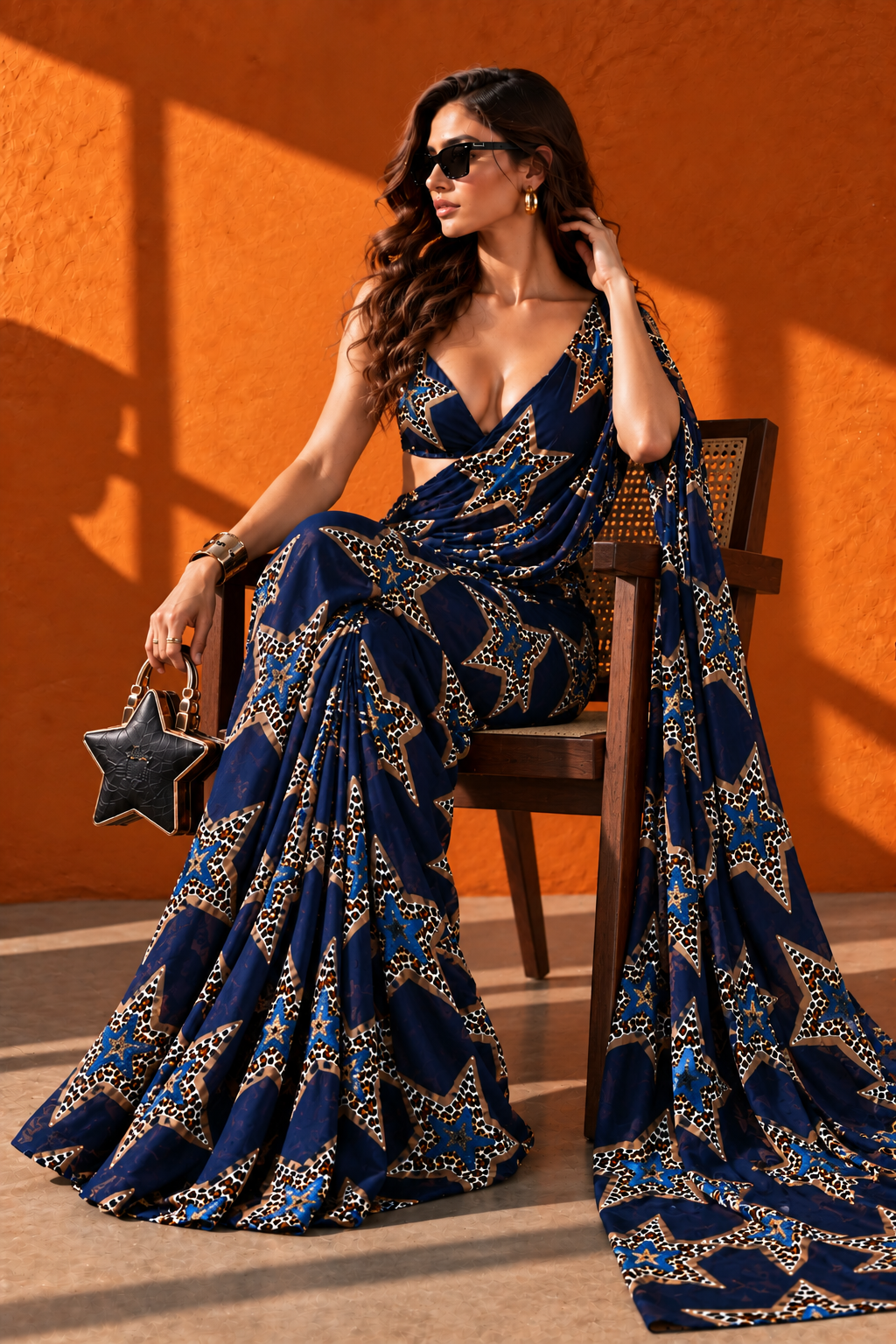 Starstruck Navy Leopard Star Print Silk Blend Saree