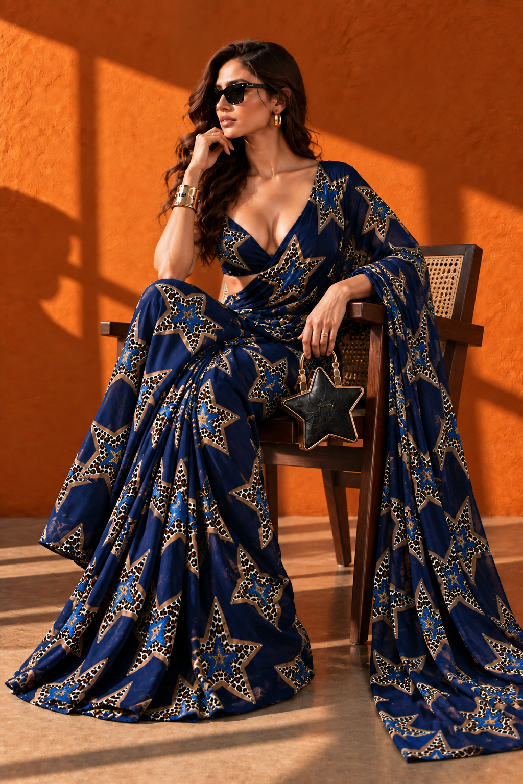 Starstruck Navy Leopard Star Print Silk Blend Saree