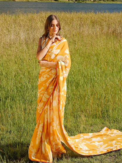 Orange Floral Print Saree - Vibrant Silk Blend with Unstitched Blouse