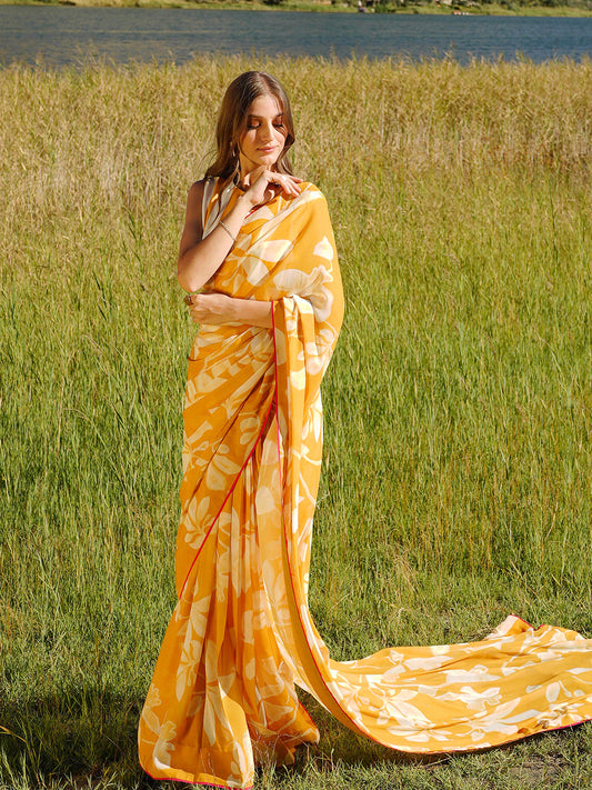 Orange Floral Print Saree - Vibrant Silk Blend with Unstitched Blouse