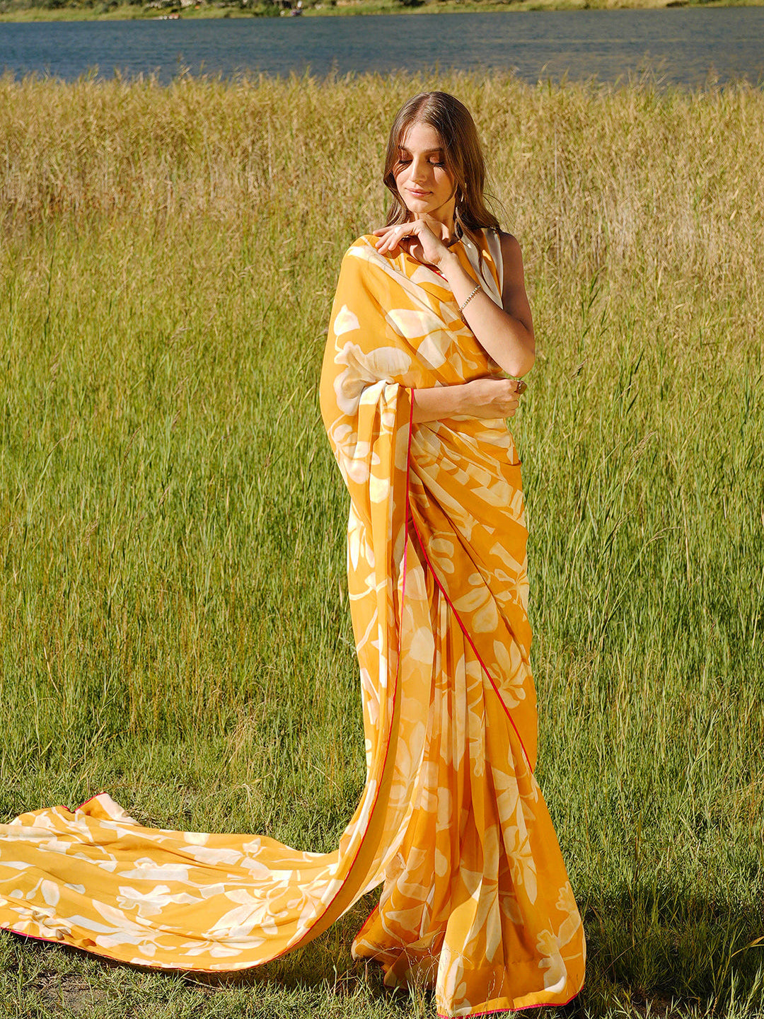 Orange Floral Print Saree - Vibrant Silk Blend with Unstitched Blouse