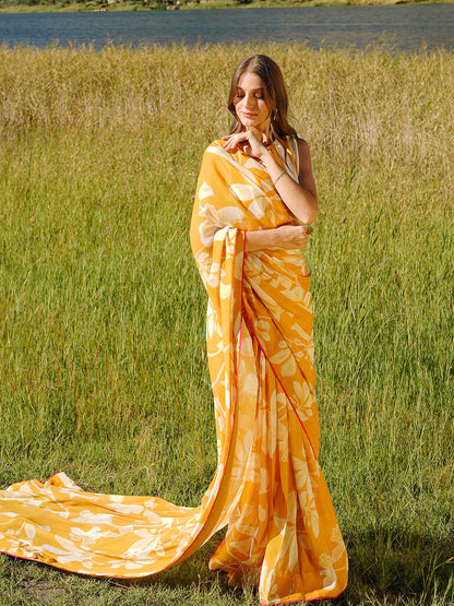 Orange Floral Print Saree - Vibrant Silk Blend with Unstitched Blouse