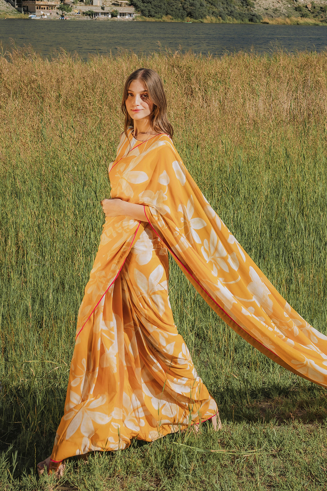 Orange Floral Print Saree - Vibrant Silk Blend with Unstitched Blouse