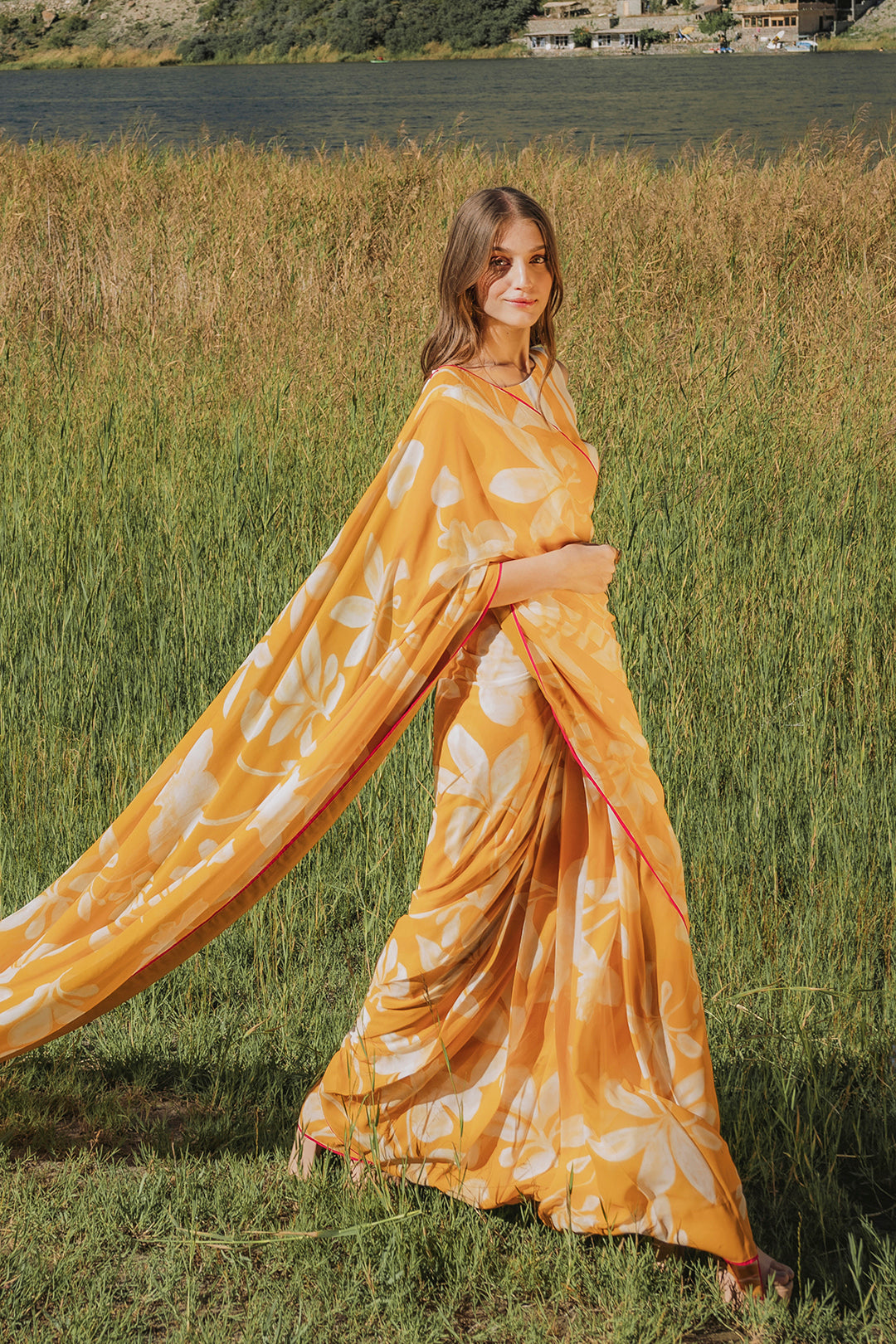 Orange Floral Print Saree - Vibrant Silk Blend with Unstitched Blouse
