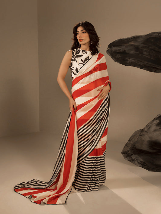 Red Black Striped Silk Blend Saree – Bold Statement Designer Wear