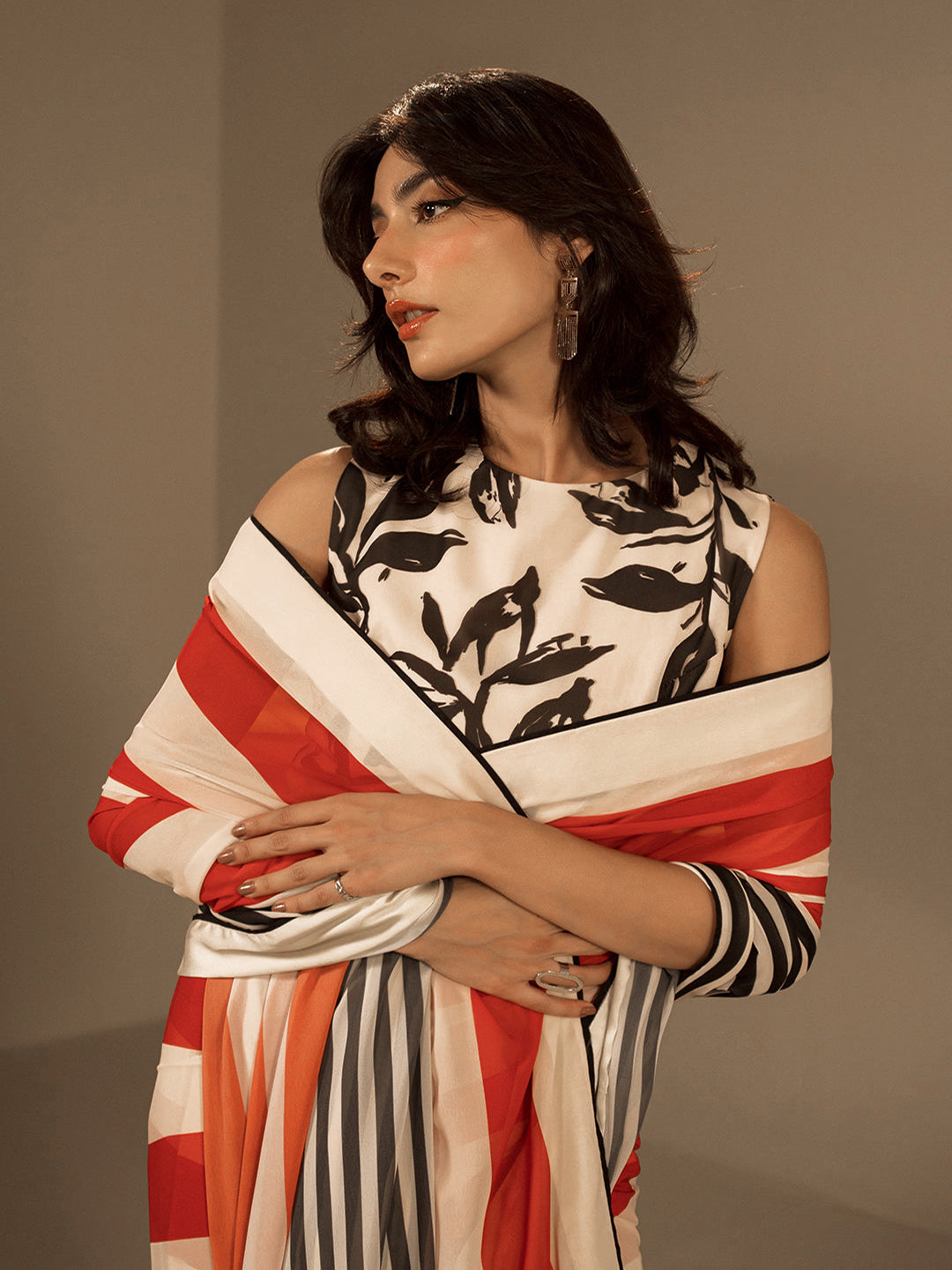 Red Black Striped Silk Blend Saree – Bold Statement Designer Wear
