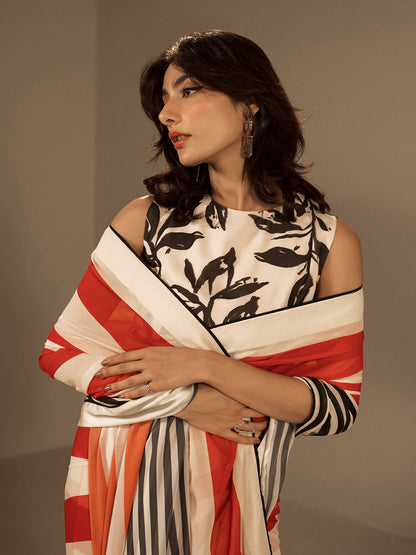 Red Black Striped Georgette Saree – Bold Statement Designer Wear
