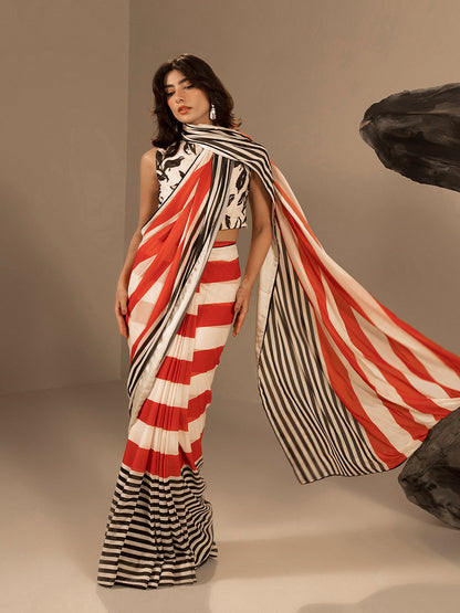 Red Black Striped Georgette Saree – Bold Statement Designer Wear