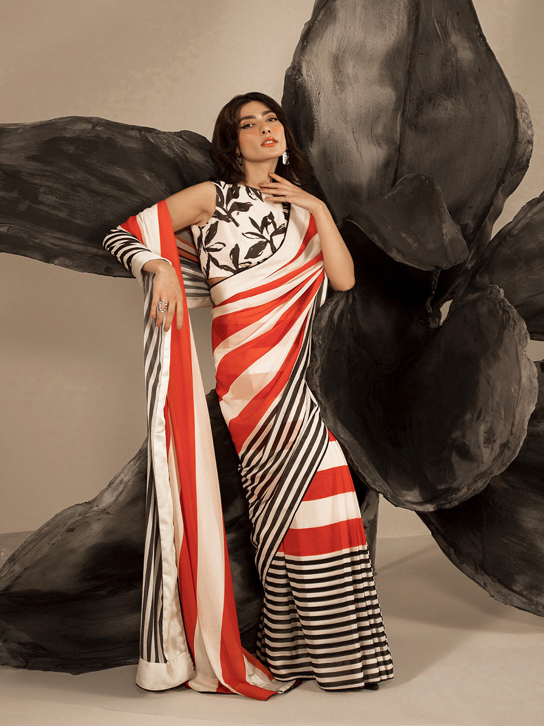 Red Black Striped Silk Blend Saree – Bold Statement Designer Wear
