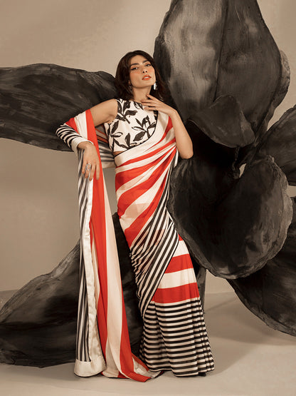 Red Black Striped Georgette Saree – Bold Statement Designer Wear