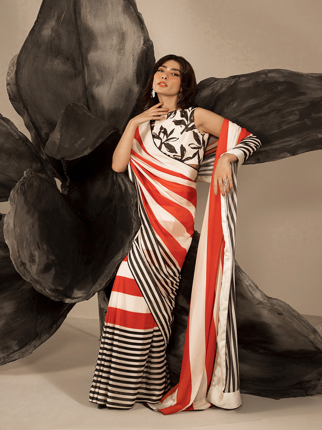 Red Black Striped Silk Blend Saree – Bold Statement Designer Wear