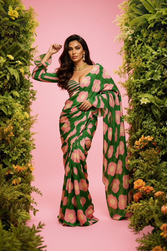 Green and Pink Floral Printed Silk Blend Saree
