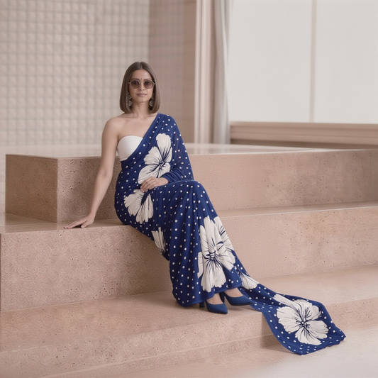 Navy Blue Floral & Polka Dot Georgette Saree