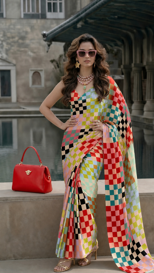 Multicolour Checkered Silk Blend Saree