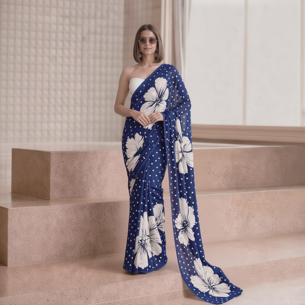 Navy Blue Floral & Polka Dot Georgette Saree