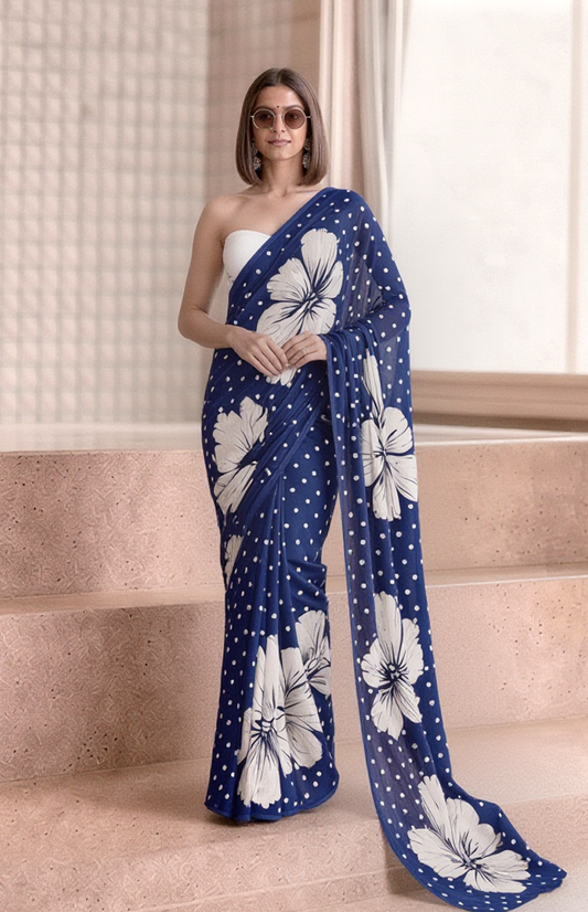 Navy Blue Floral & Polka Dot Georgette Saree