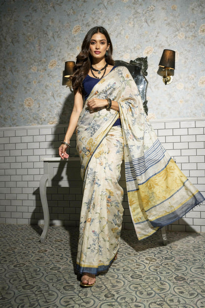 Ivory Garden Botanical Print Silk Blend Saree