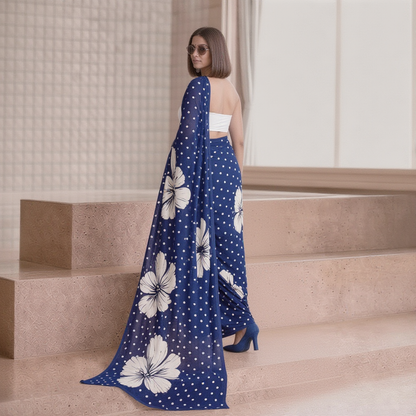 Navy Blue Floral & Polka Dot Georgette Saree