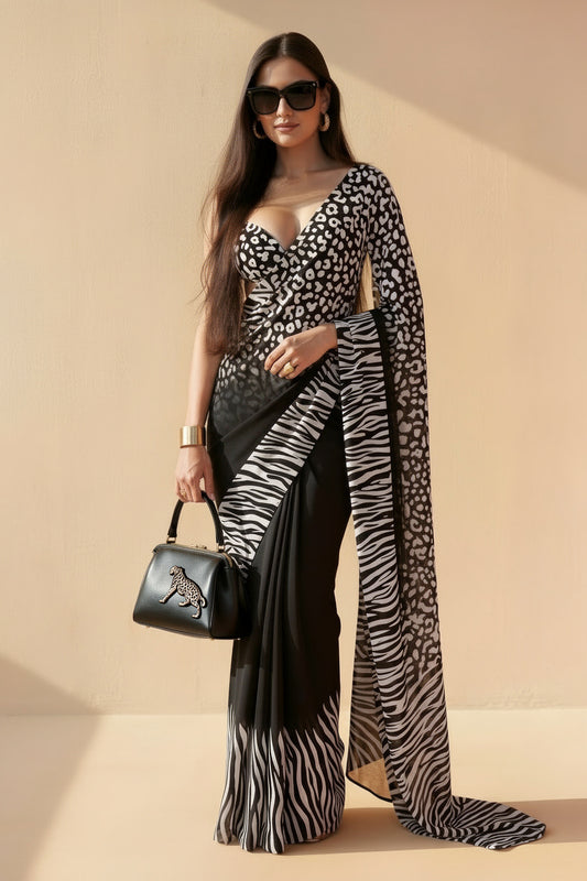 Black & White Zebra Leopard Printed Designer Saree Silk Blend Saree