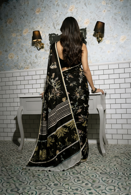 Midnight Garden Black Floral Silk Blend Saree