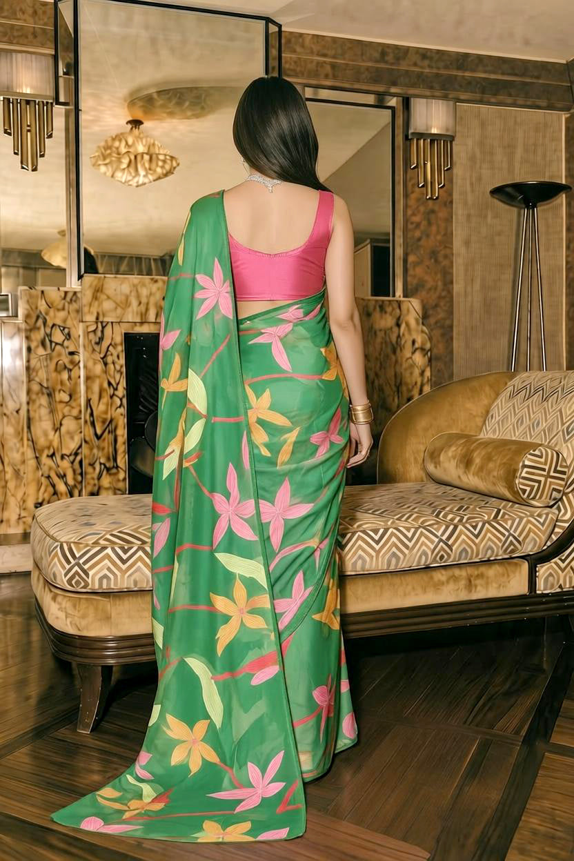 Green Floral Silk Blend Saree