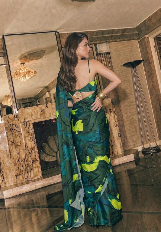 Dark Green Abstract Print Silk Blend Saree
