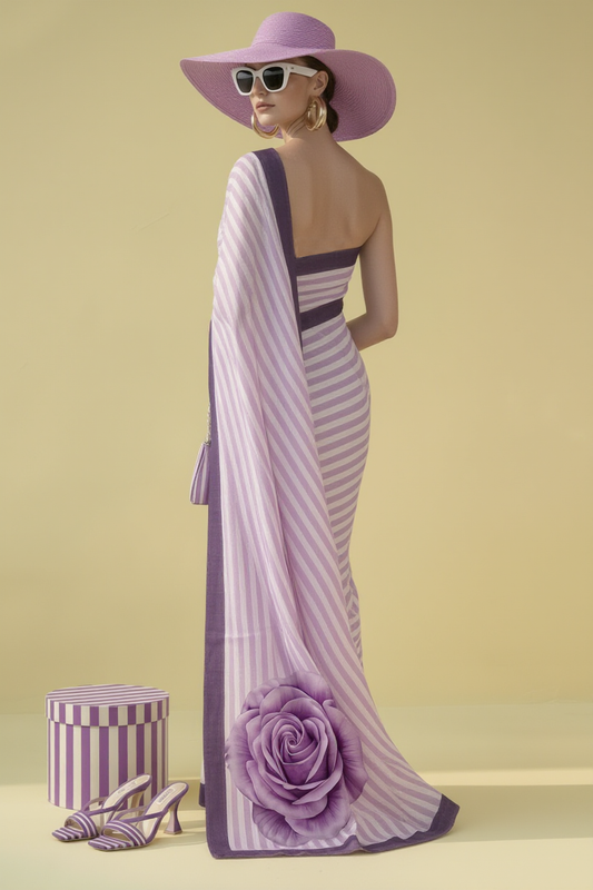 Lavender Striped Rose Silk Blend Saree