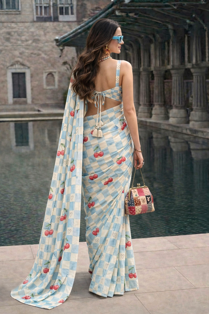 Cherry Blue Checkered Silk Blend Saree
