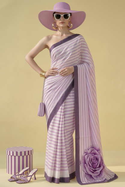 Lavender Striped Rose Silk Blend Saree