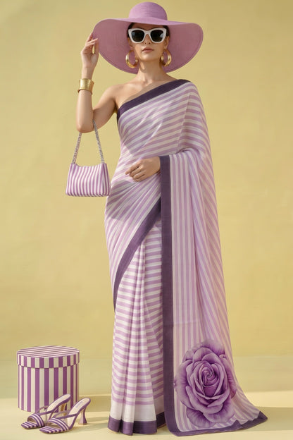 Lavender Striped Rose Silk Blend Saree