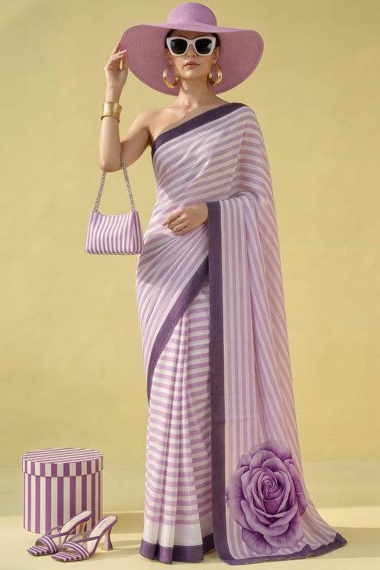 Lavender Striped Rose Silk Blend Saree