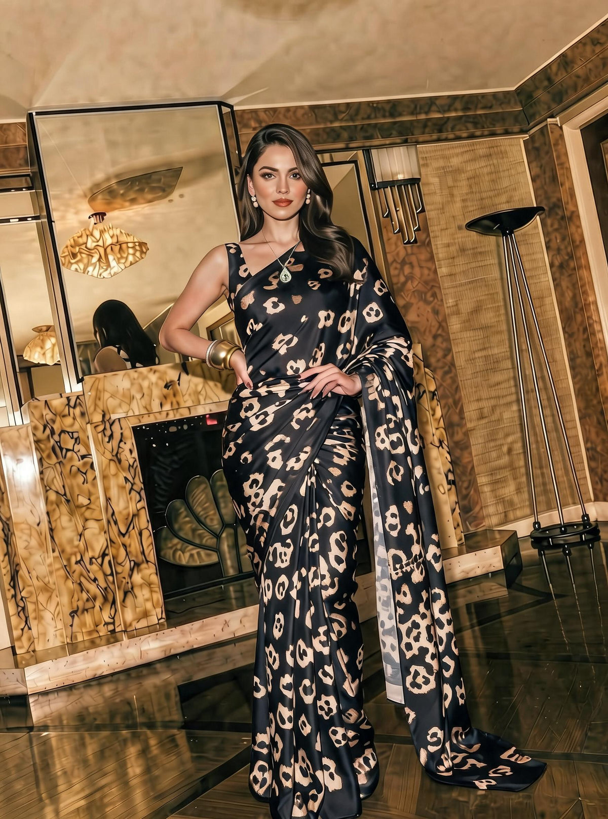 Midnight Leopard Print Silk Blend Saree