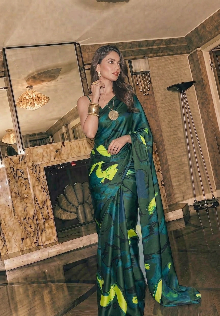 Dark Green Abstract Print Silk Blend Saree