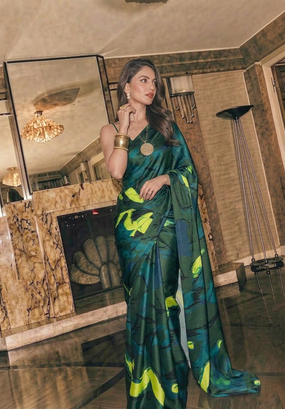 Dark Green Abstract Print Silk Blend Saree