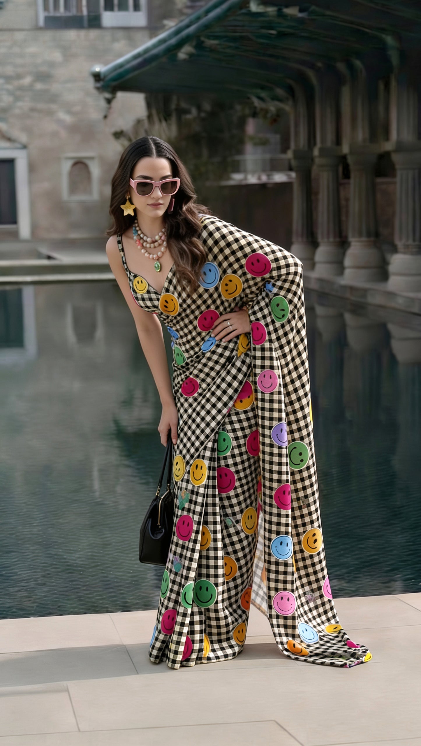 Smiley Face Checks Printed Silk Blend Saree